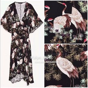 Zara Crane Print Kimono-style Wrap dress